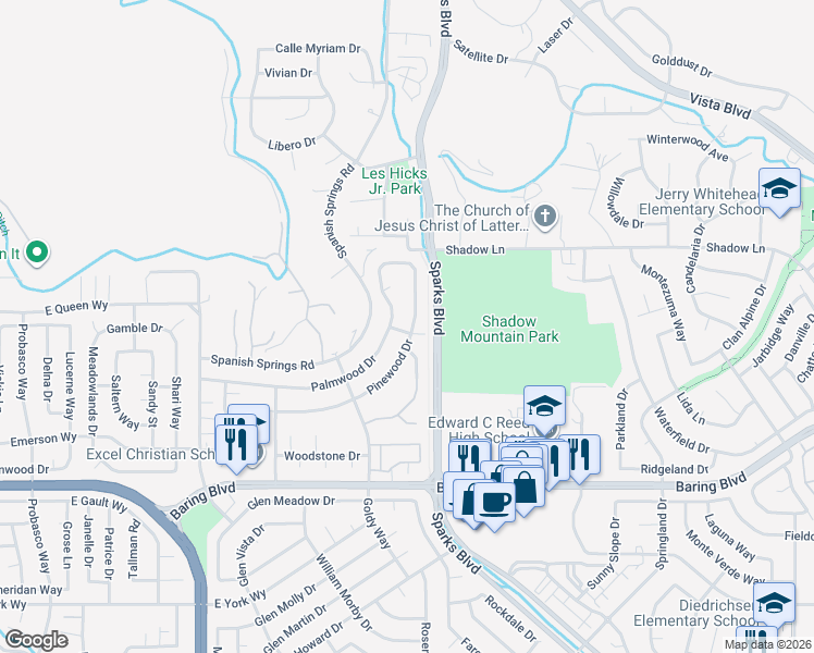 map of restaurants, bars, coffee shops, grocery stores, and more near 1108 Pinewood Drive in Sparks
