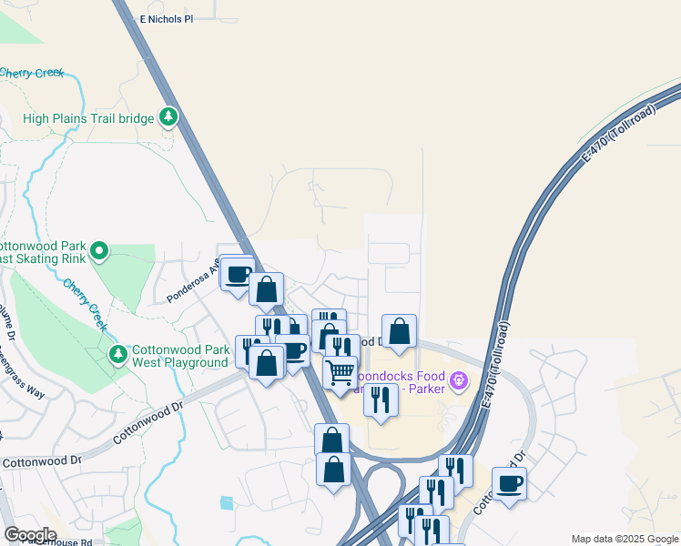 map of restaurants, bars, coffee shops, grocery stores, and more near 18301 Cottonwood Drive in Parker