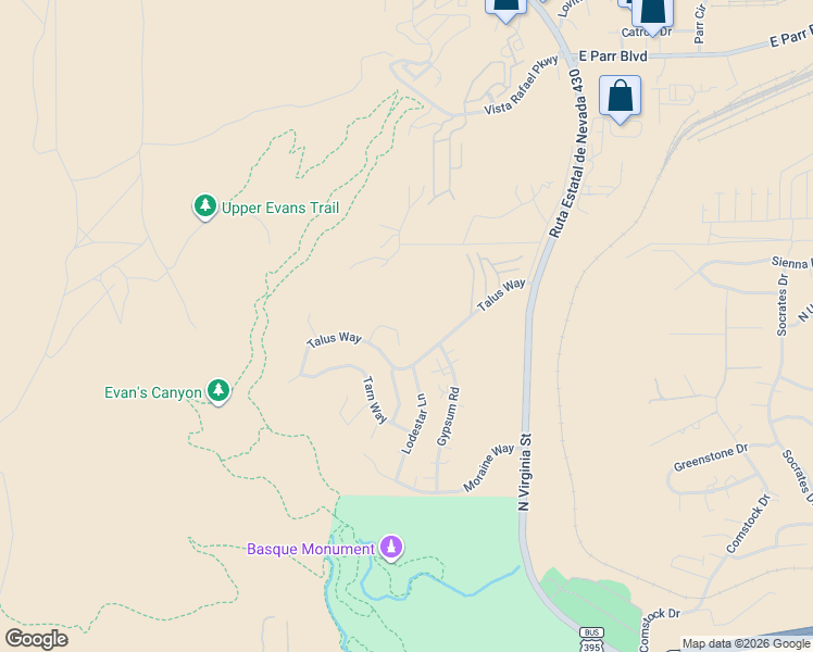 map of restaurants, bars, coffee shops, grocery stores, and more near 355 Talus Way in Reno