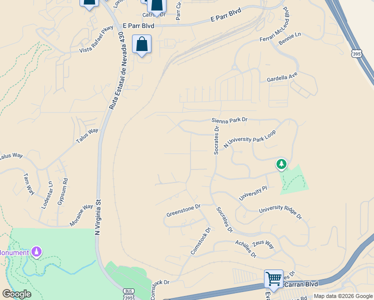 map of restaurants, bars, coffee shops, grocery stores, and more near 100 Silverstone Place in Reno