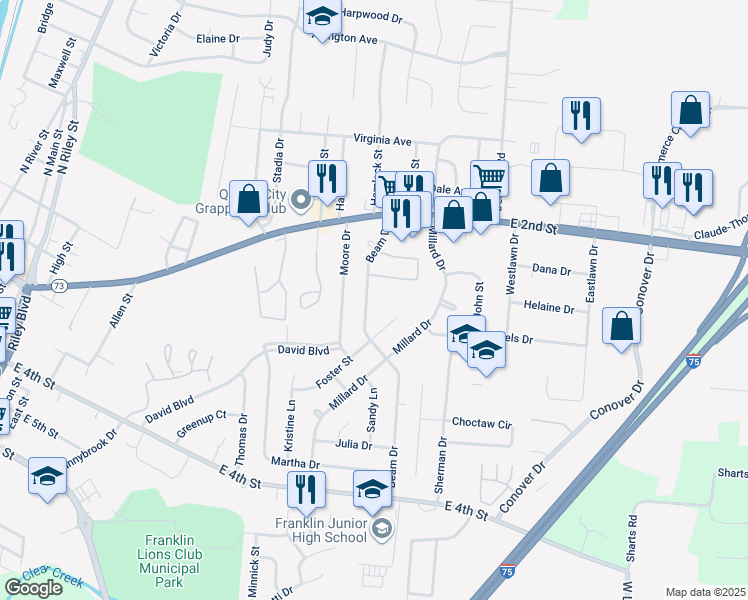 map of restaurants, bars, coffee shops, grocery stores, and more near 877 Foster Street in Franklin