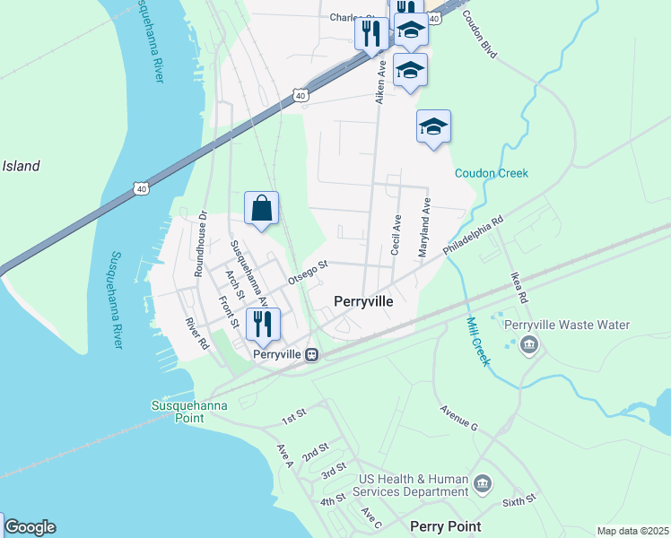 map of restaurants, bars, coffee shops, grocery stores, and more near 620 Otsego Street in Perryville
