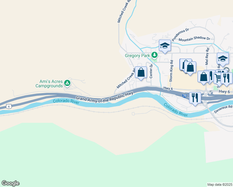 map of restaurants, bars, coffee shops, grocery stores, and more near 50562-50588 Grand Army of the Republic Highway in Glenwood Springs