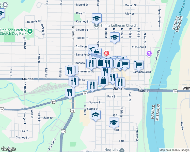 map of restaurants, bars, coffee shops, grocery stores, and more near 807 Main St in Atchison