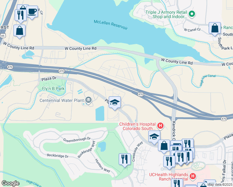 map of restaurants, bars, coffee shops, grocery stores, and more near 8557 Belle Drive in Highlands Ranch