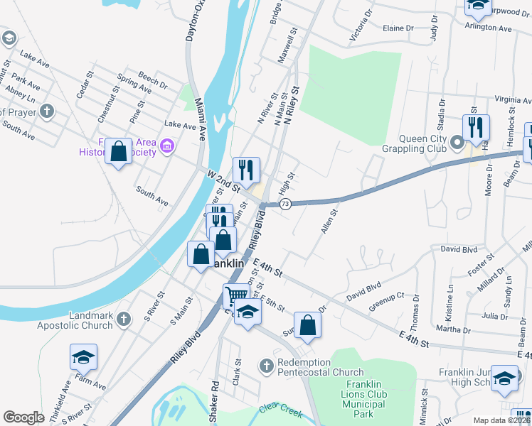 map of restaurants, bars, coffee shops, grocery stores, and more near 208 Riley Boulevard in Franklin