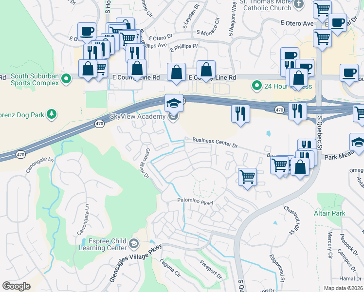 map of restaurants, bars, coffee shops, grocery stores, and more near 8519 Gold Peak Drive in Highlands Ranch