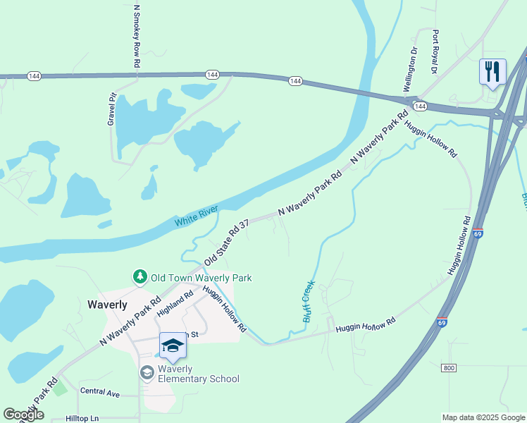 map of restaurants, bars, coffee shops, grocery stores, and more near 8910 Old State Road 37 in Martinsville