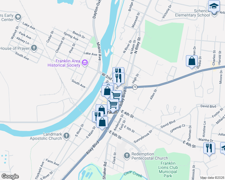 map of restaurants, bars, coffee shops, grocery stores, and more near 254 Ohio 123 in Franklin