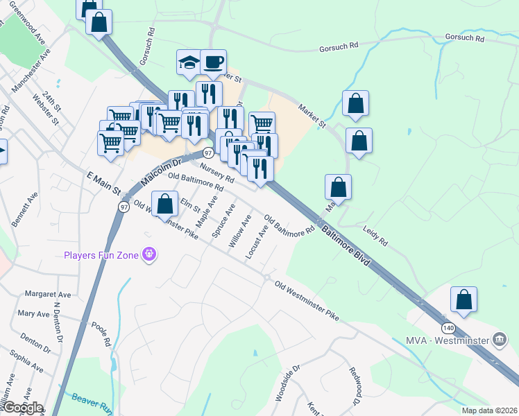 map of restaurants, bars, coffee shops, grocery stores, and more near 640 Old Baltimore Road in Westminster
