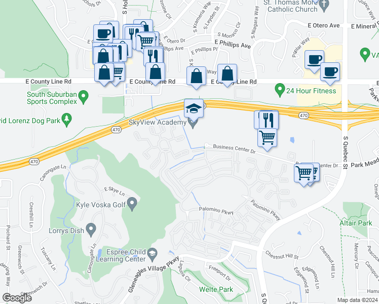 map of restaurants, bars, coffee shops, grocery stores, and more near 6618 Green River Drive in Littleton