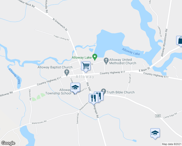 map of restaurants, bars, coffee shops, grocery stores, and more near 14 East Main Street in Alloway