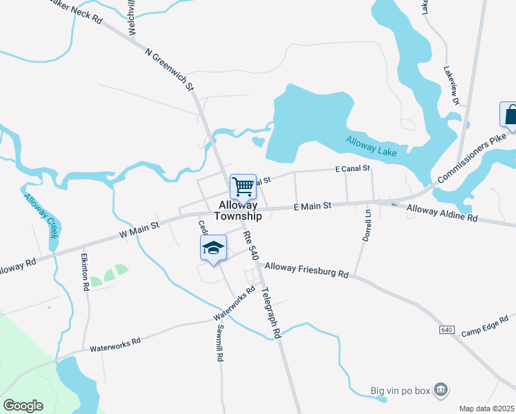 map of restaurants, bars, coffee shops, grocery stores, and more near 14 East Main Street in Alloway
