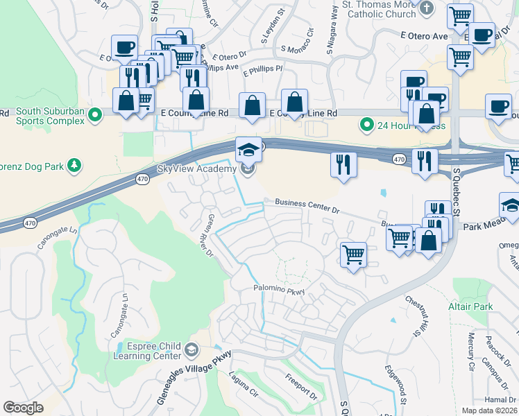 map of restaurants, bars, coffee shops, grocery stores, and more near 8519 Gold Peak Drive in Highlands Ranch