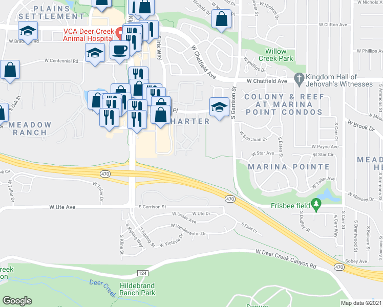 map of restaurants, bars, coffee shops, grocery stores, and more near 9538 West San Juan Circle in Littleton