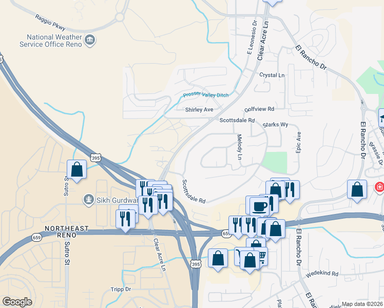 map of restaurants, bars, coffee shops, grocery stores, and more near 2328 Melody Lane in Reno