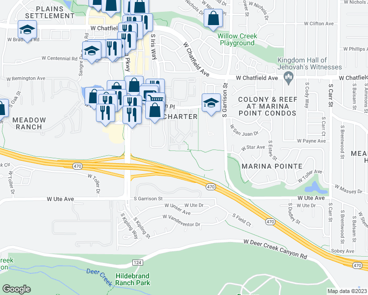 map of restaurants, bars, coffee shops, grocery stores, and more near 9538 West San Juan Circle in Littleton