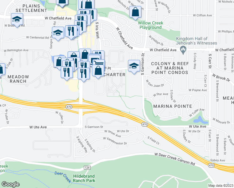 map of restaurants, bars, coffee shops, grocery stores, and more near 9538 West San Juan Circle in Littleton