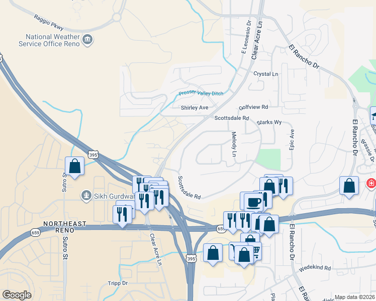 map of restaurants, bars, coffee shops, grocery stores, and more near 2328 Melody Lane in Reno