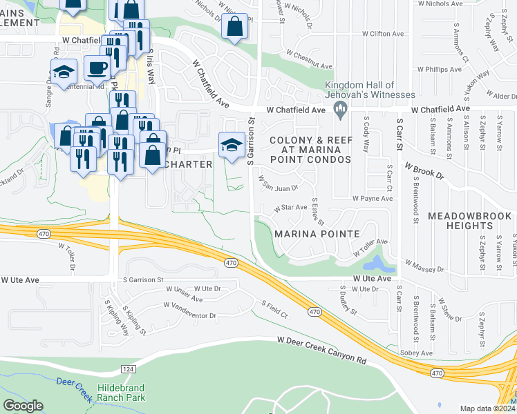 map of restaurants, bars, coffee shops, grocery stores, and more near 8527 South Flower Street in Littleton