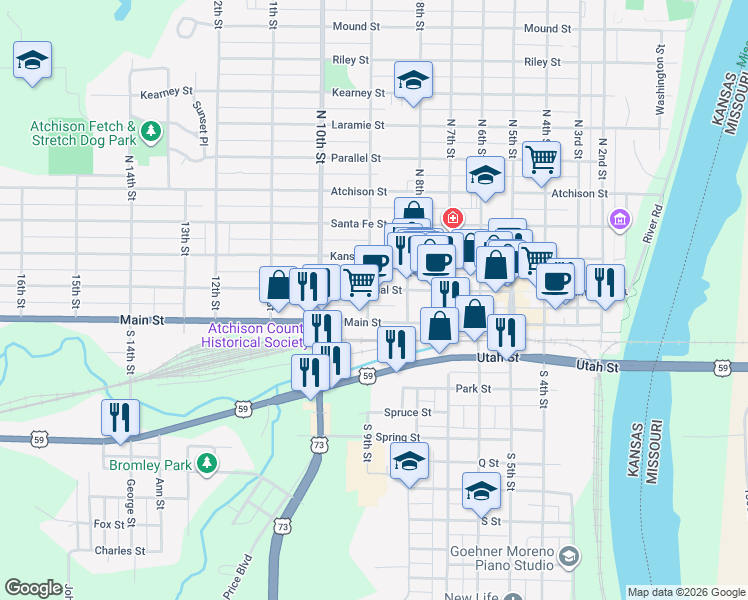map of restaurants, bars, coffee shops, grocery stores, and more near 881 Main Street in Atchison