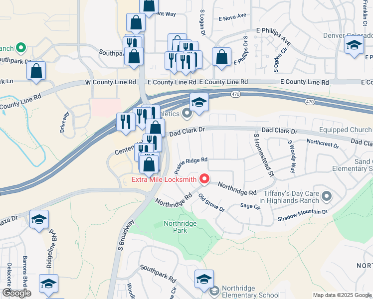 map of restaurants, bars, coffee shops, grocery stores, and more near 8453 South Painted Sky Street in Littleton