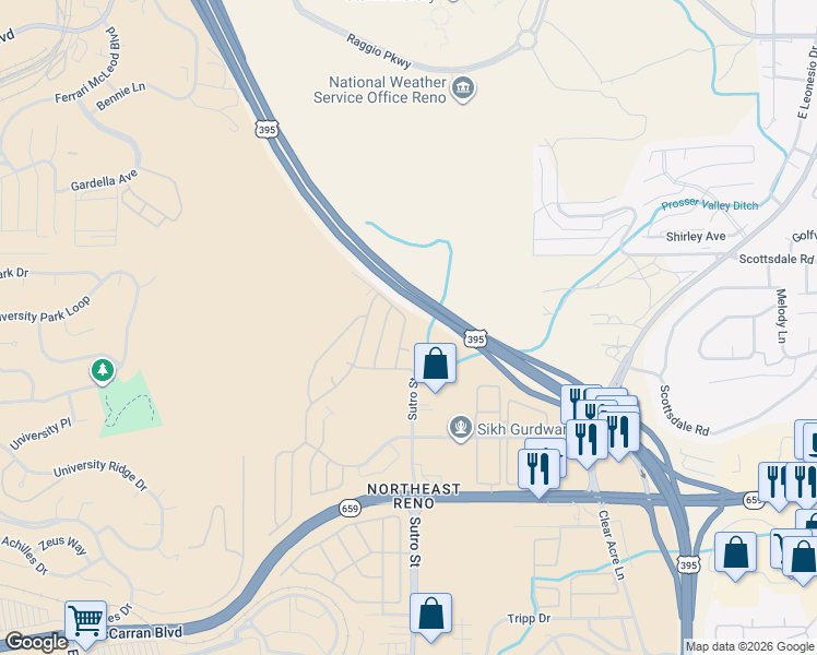 map of restaurants, bars, coffee shops, grocery stores, and more near Muscat Court in Reno