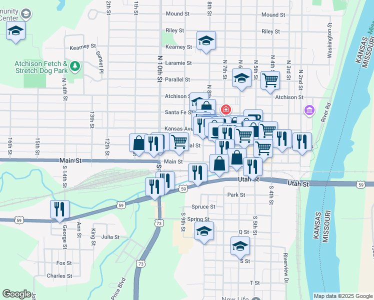 map of restaurants, bars, coffee shops, grocery stores, and more near 881 Main Street in Atchison