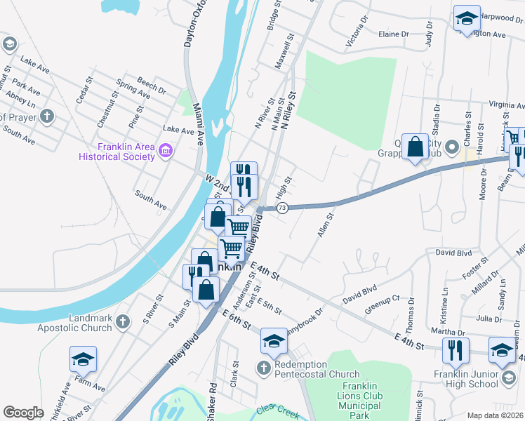 map of restaurants, bars, coffee shops, grocery stores, and more near 208 Riley Boulevard in Franklin