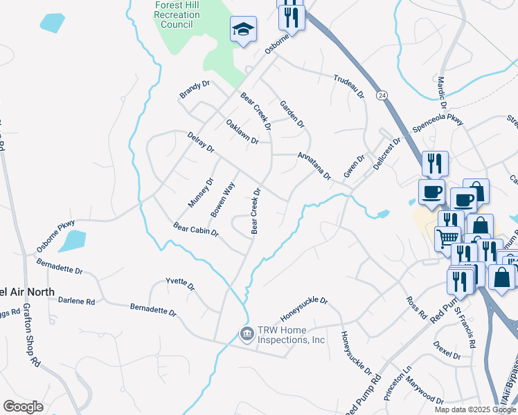 map of restaurants, bars, coffee shops, grocery stores, and more near 1933 Bear Creek Drive in Forest Hill