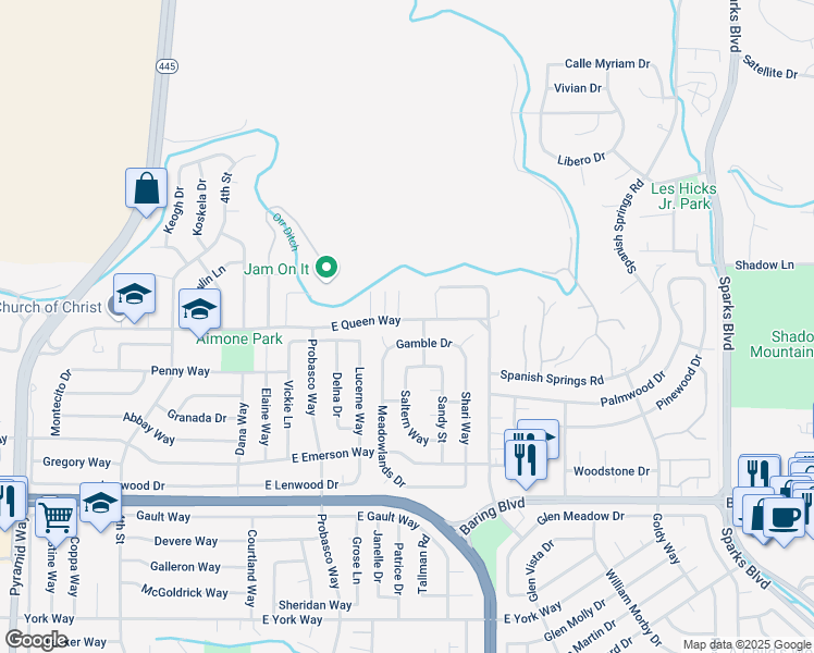 map of restaurants, bars, coffee shops, grocery stores, and more near 337 Gamble Drive in Sparks