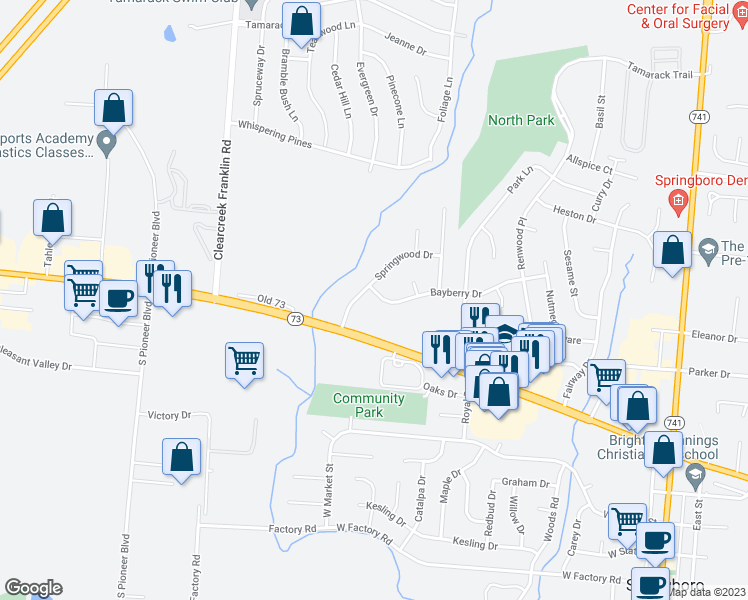 map of restaurants, bars, coffee shops, grocery stores, and more near 15 Bayberry Drive in Springboro