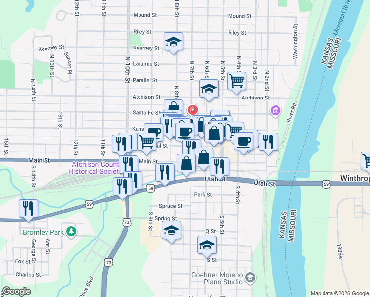 map of restaurants, bars, coffee shops, grocery stores, and more near 118 North 8th Street in Atchison