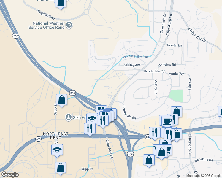 map of restaurants, bars, coffee shops, grocery stores, and more near 3335 Clear Acre Lane in Reno