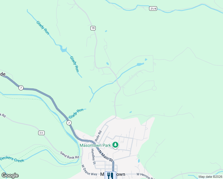 map of restaurants, bars, coffee shops, grocery stores, and more near 397 Rohr Road in Masontown