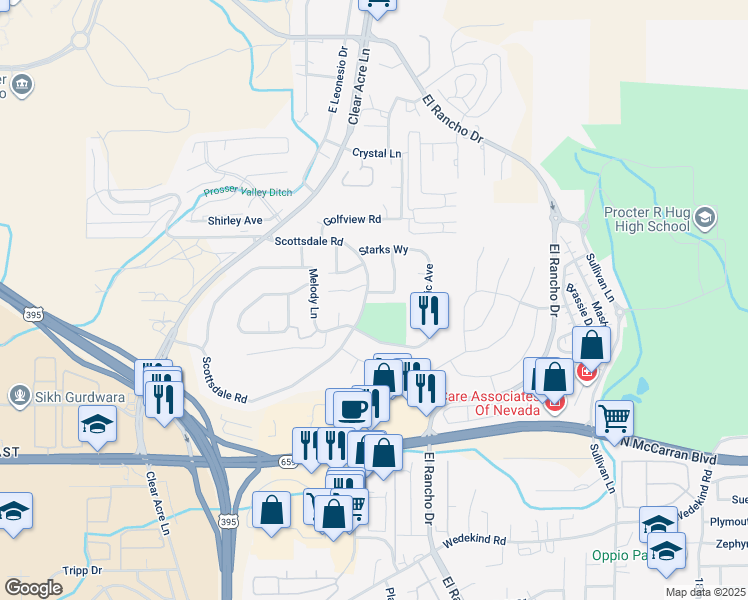 map of restaurants, bars, coffee shops, grocery stores, and more near 3442 Terrace Knoll Court in Reno