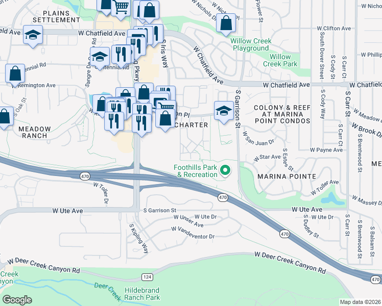map of restaurants, bars, coffee shops, grocery stores, and more near 8535 West San Juan Circle in Littleton