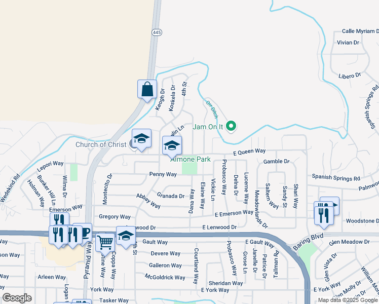 map of restaurants, bars, coffee shops, grocery stores, and more near 3445 Puccinelli Drive in Sparks