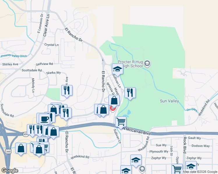 map of restaurants, bars, coffee shops, grocery stores, and more near 3540 Niblick Drive in Sparks