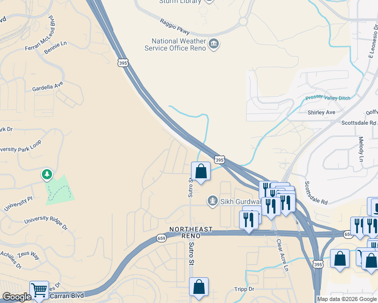 map of restaurants, bars, coffee shops, grocery stores, and more near 24 Chablis Drive in Reno