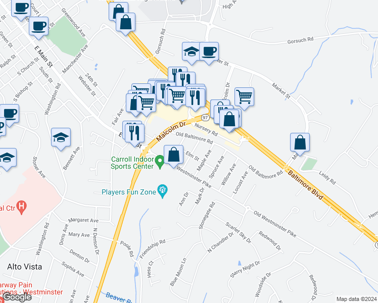 map of restaurants, bars, coffee shops, grocery stores, and more near 432 Sycamore Avenue in Westminster