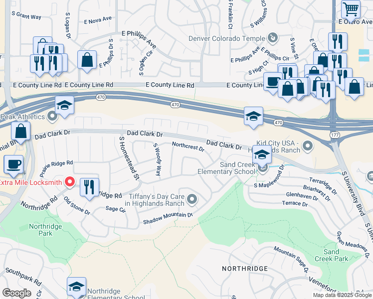 map of restaurants, bars, coffee shops, grocery stores, and more near 1381 Northcrest Drive in Littleton