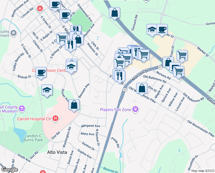 map of restaurants, bars, coffee shops, grocery stores, and more near 414 Poole Rd in Westminster