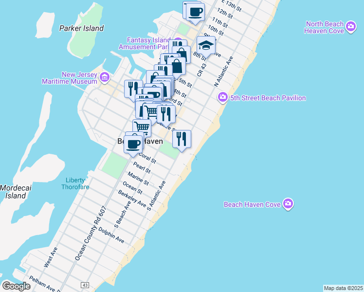 map of restaurants, bars, coffee shops, grocery stores, and more near 101 Engleside Avenue in Beach Haven