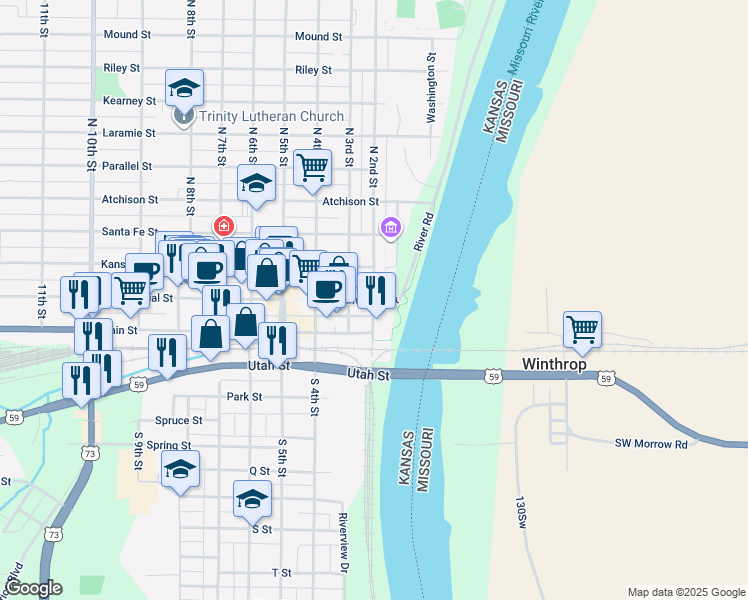 map of restaurants, bars, coffee shops, grocery stores, and more near 100 North 2nd Street in Atchison