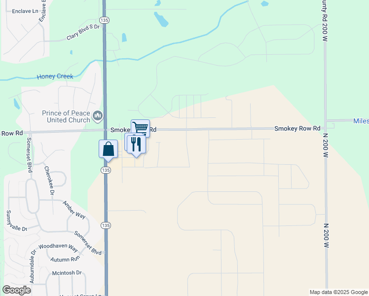map of restaurants, bars, coffee shops, grocery stores, and more near 1538 County Road 600 North in Greenwood