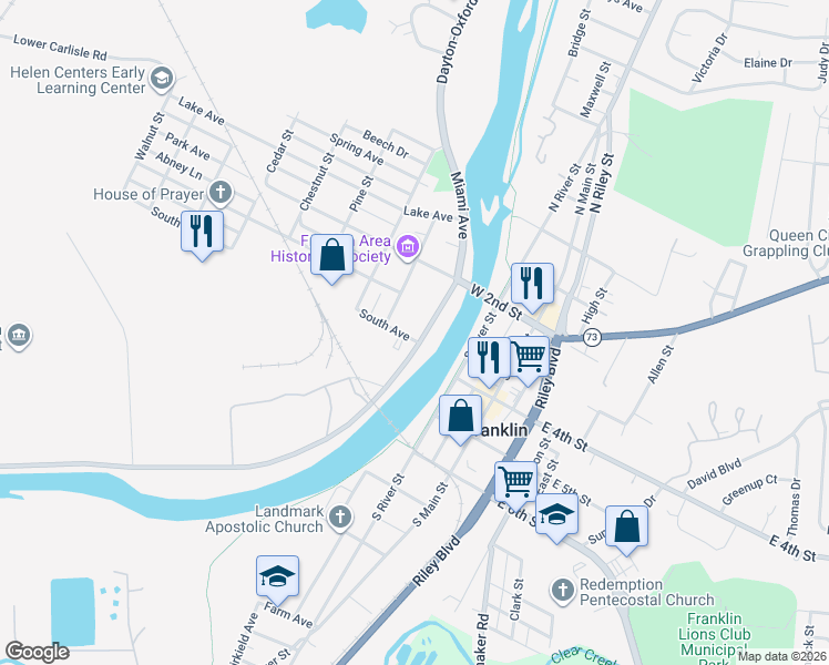map of restaurants, bars, coffee shops, grocery stores, and more near 312 Elm Street in Franklin