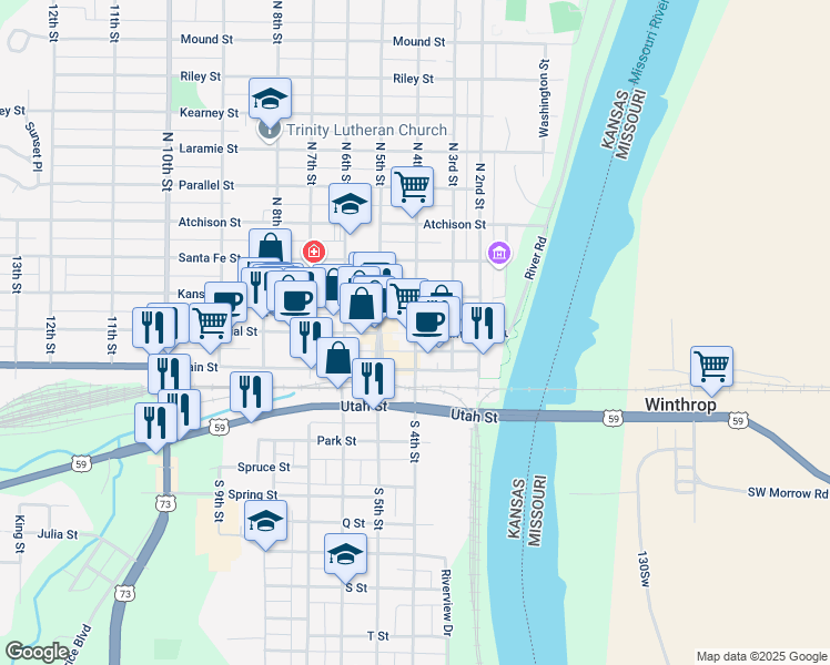 map of restaurants, bars, coffee shops, grocery stores, and more near 101 North 4th Street in Atchison