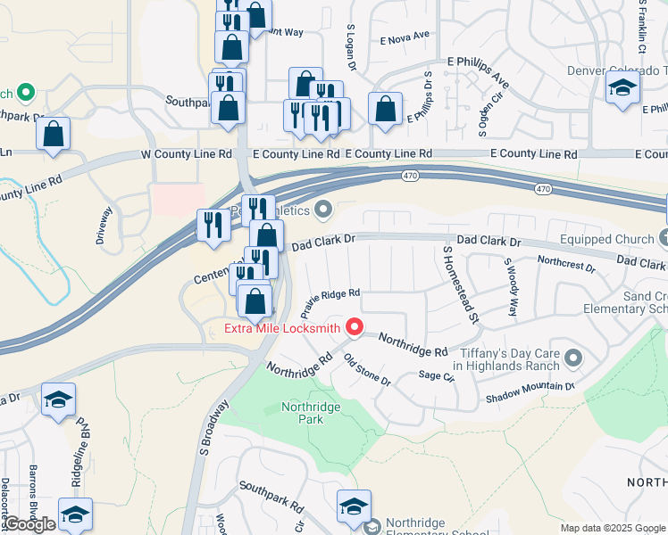 map of restaurants, bars, coffee shops, grocery stores, and more near 8415 South Wildcat Street in Highlands Ranch