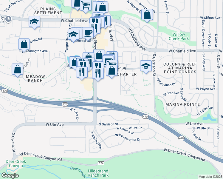 map of restaurants, bars, coffee shops, grocery stores, and more near 8444 South Kipling Parkway in Littleton